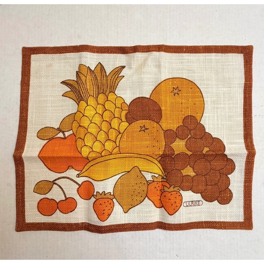 Vintage Ulrike Linen Tea Towel Fruit Harvest Graphic Orange Brown 70s Retro